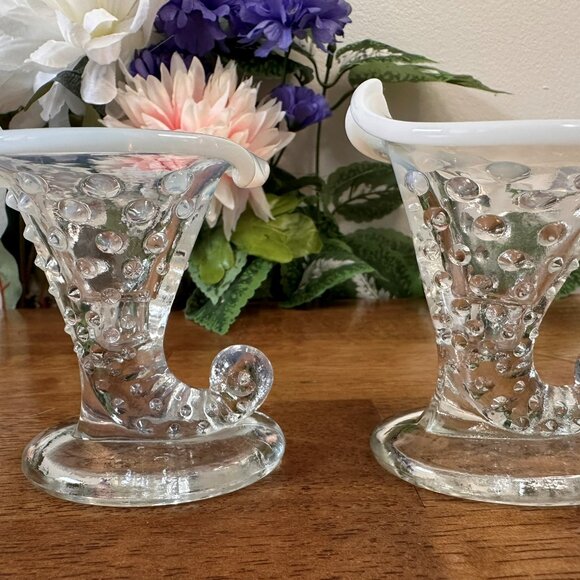 Fenton White Opalescent Hobnail Cornucopia Vase Pair Horn of Plenty Vintage Glas - Picture 6 of 6